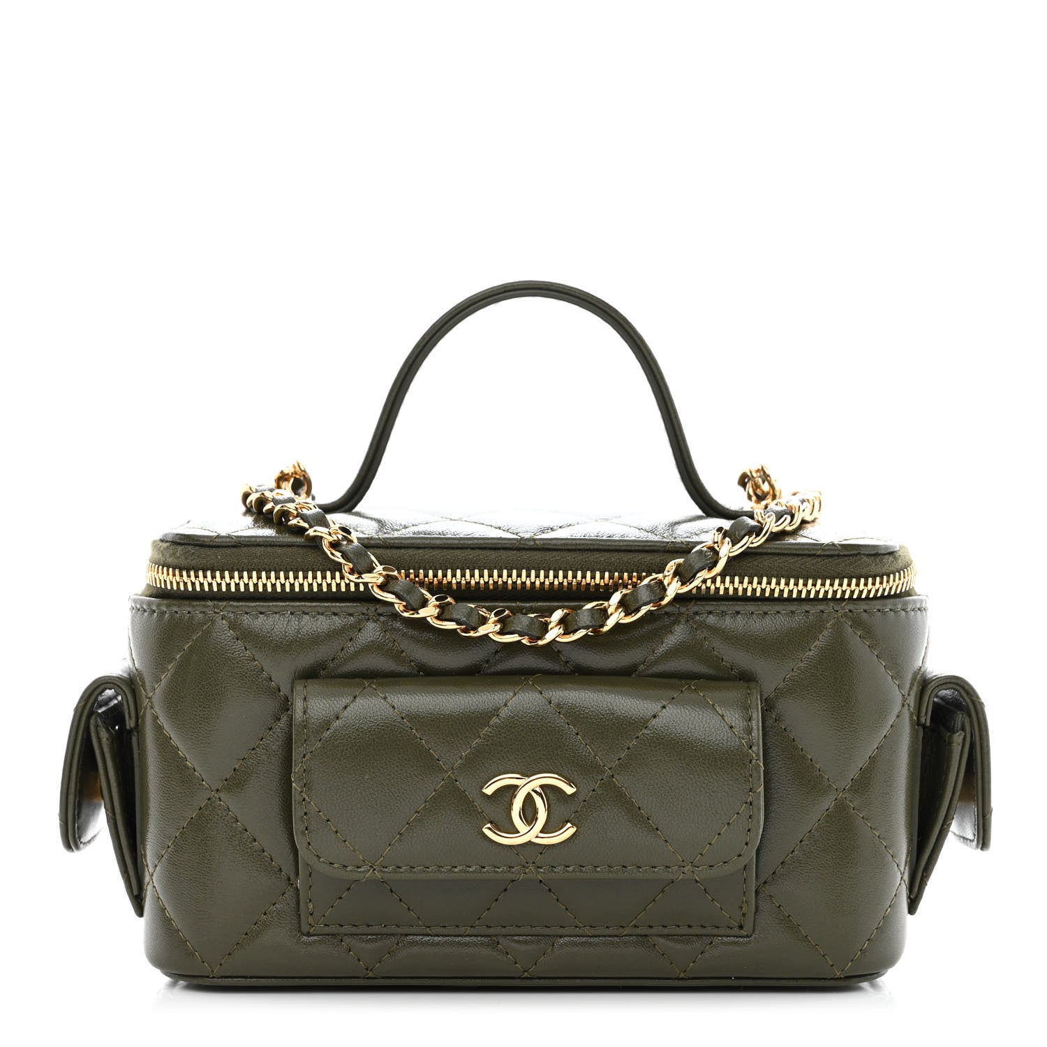 Chanel Lambskin Quilted Polly Pocket East West Top Vanity With Chain Khaki 1 of 11