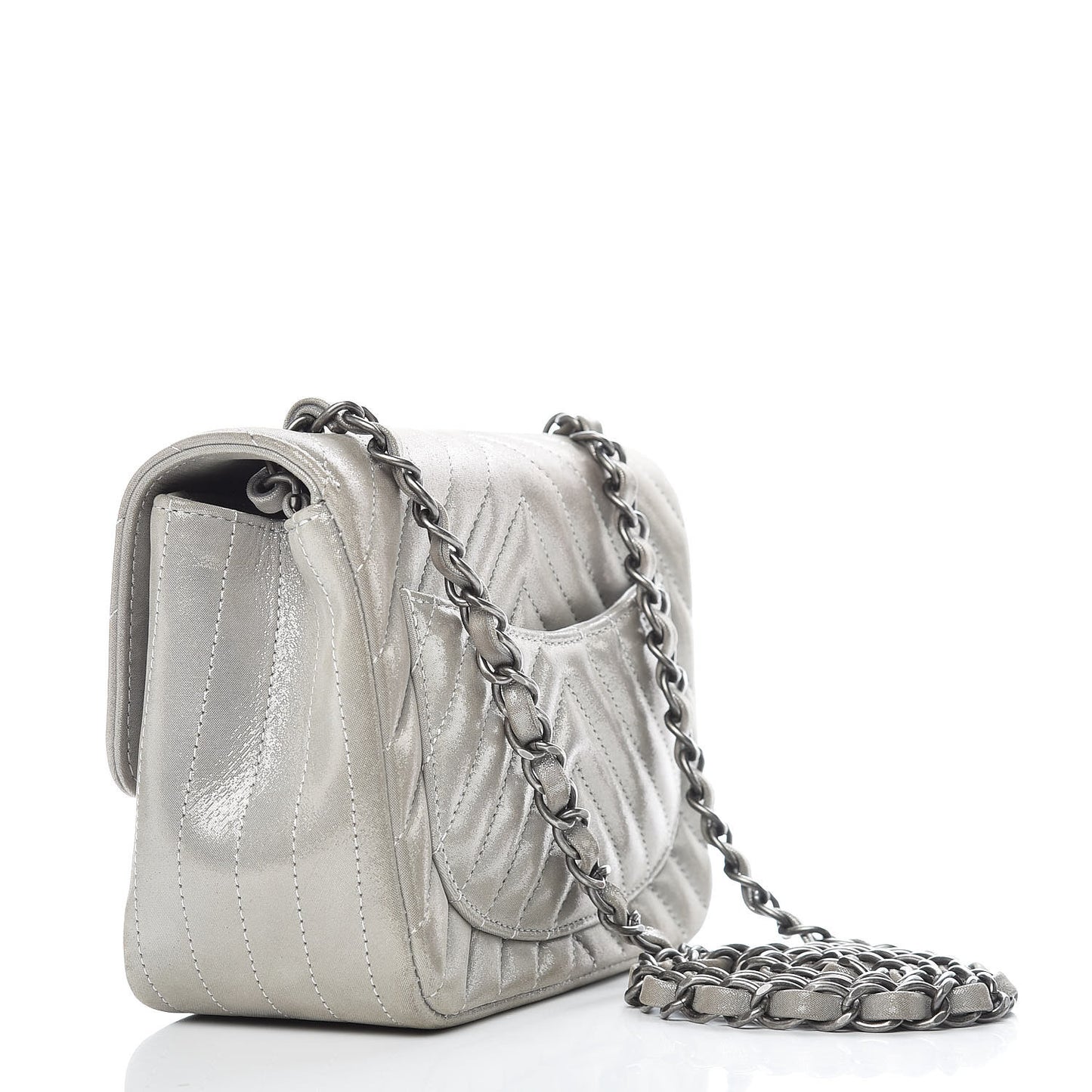 Iridescent Calfskin Chevron Quilted Mini Square Flap Silver
