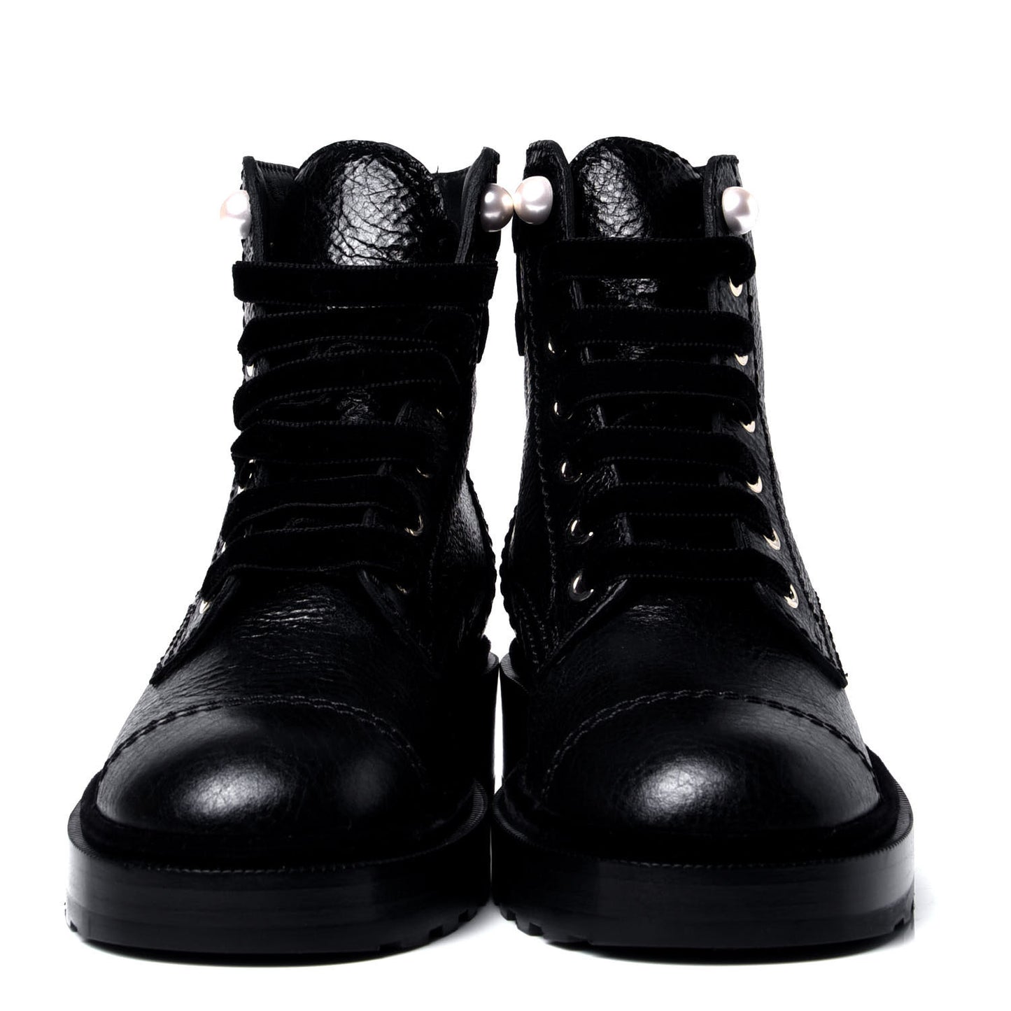 Calfskin Velvet Pearl Combat Short Boots 36 Black
