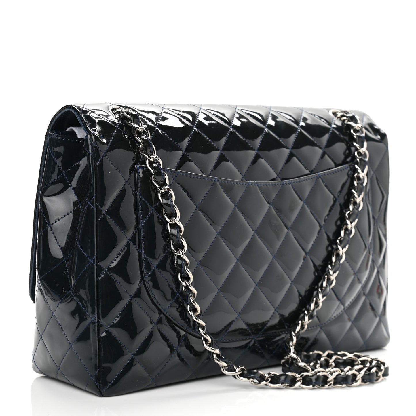 Patent Quilted Maxi Single Flap Navy Blue