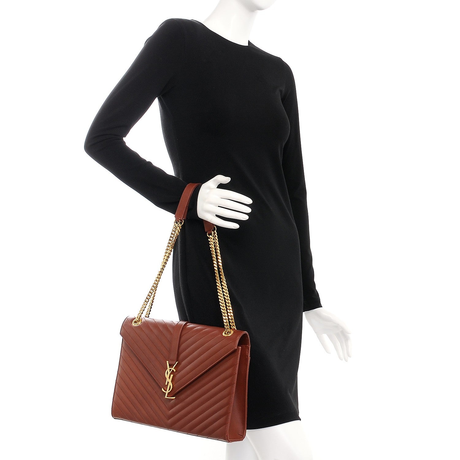 Saint Laurent Smooth Calfskin Matelasse Chevron Large Monogram Satchel Brown 3 of 12
