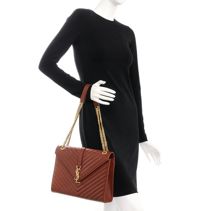 Saint Laurent Smooth Calfskin Matelasse Chevron Large Monogram Satchel Brown 3 of 12