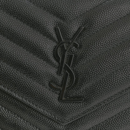 Saint Laurent Grain De Poudre Matelasse Chevron Monogram Monochrome Envelope Chain Wallet Black 11 of 12