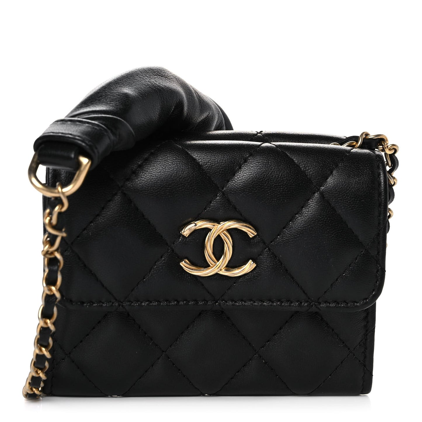 Lambskin Quilted Card Holder with Chain Black