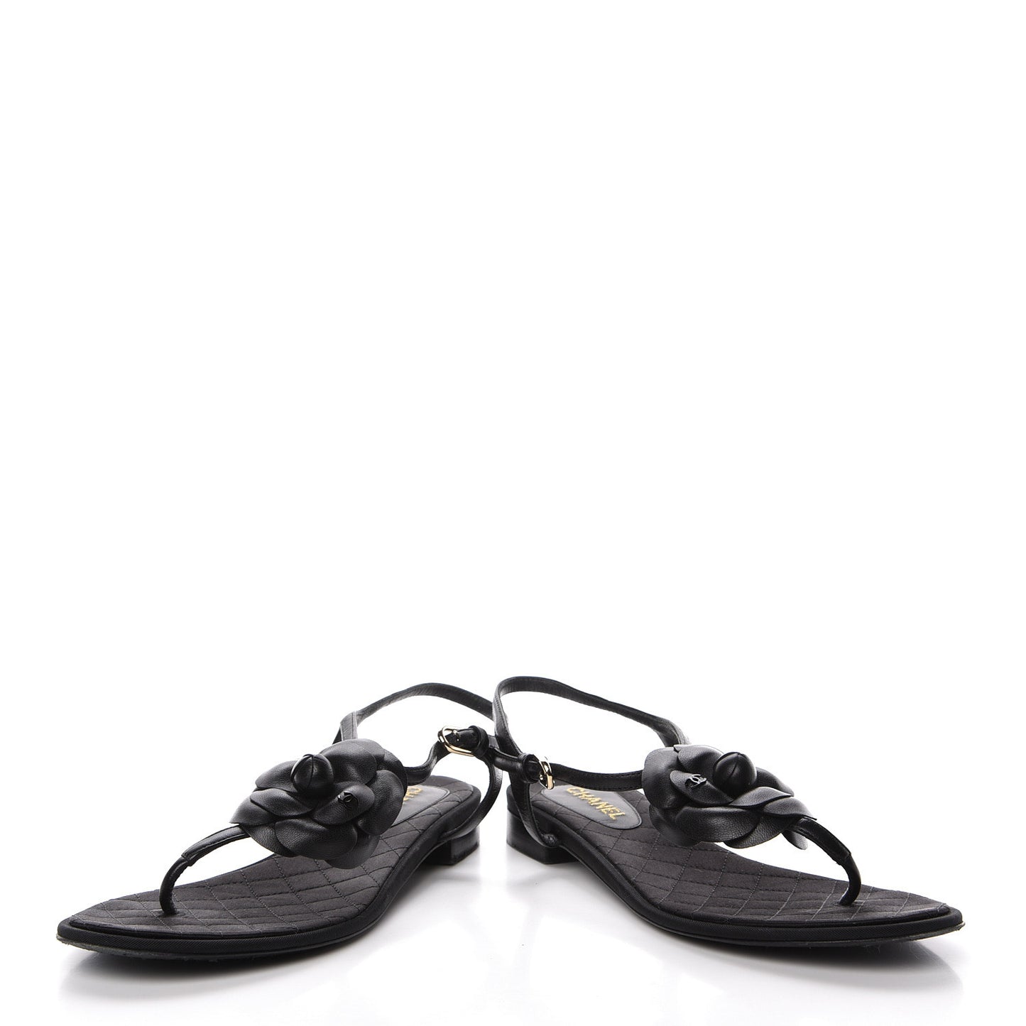 Lambskin Camellia Thong Sandals 38.5 Black