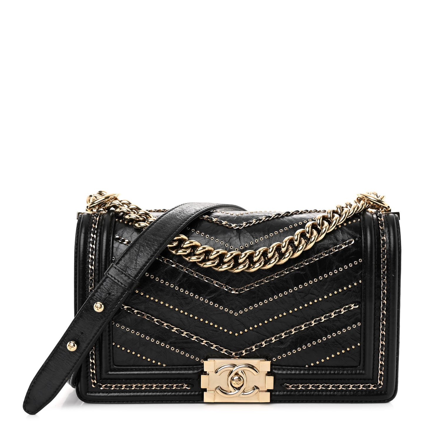 Crumpled Calfskin Chevron Chain Medium Boy Flap Black