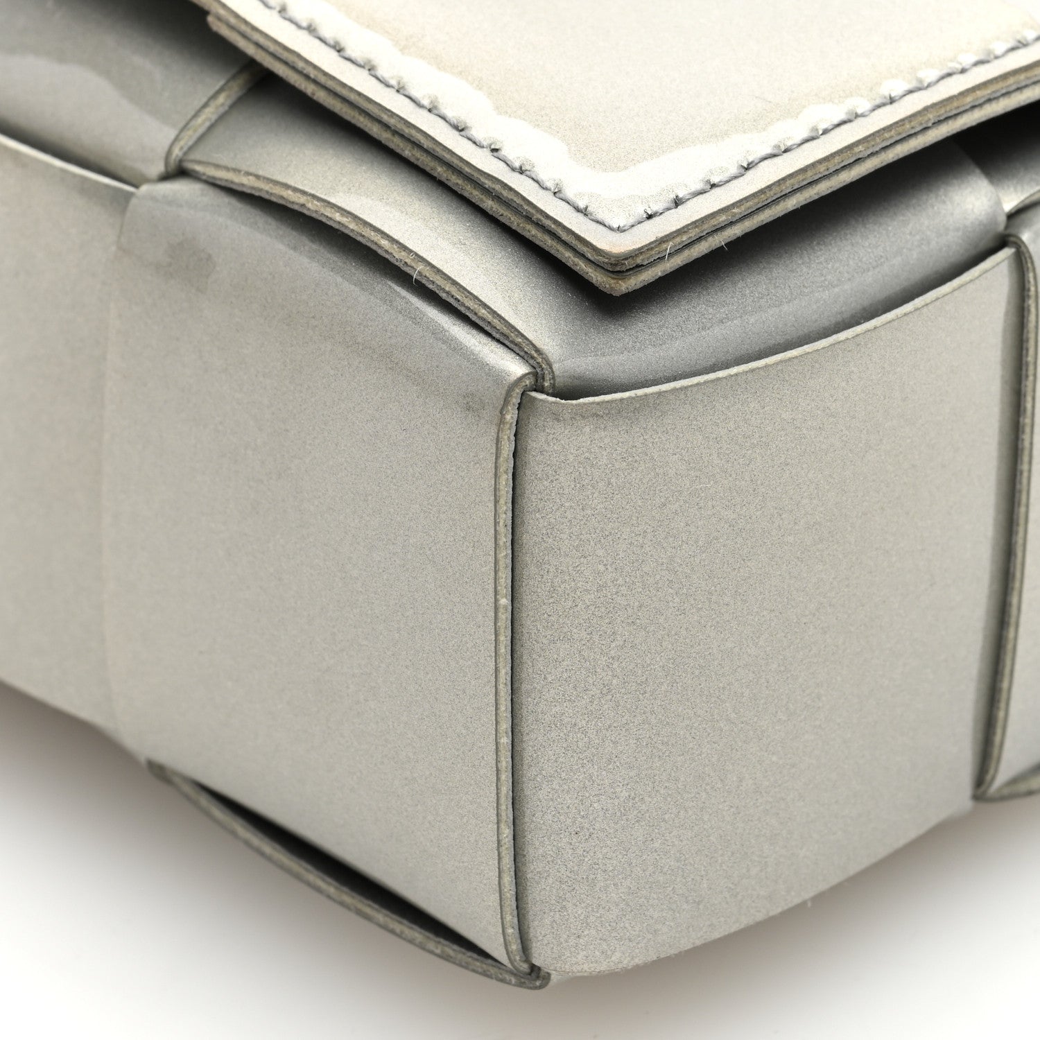 Bottega Veneta Metallic Patent Calfskin Maxi Intrecciato Extra Mini Cassette Crossbody Bag Silver 9 of 10