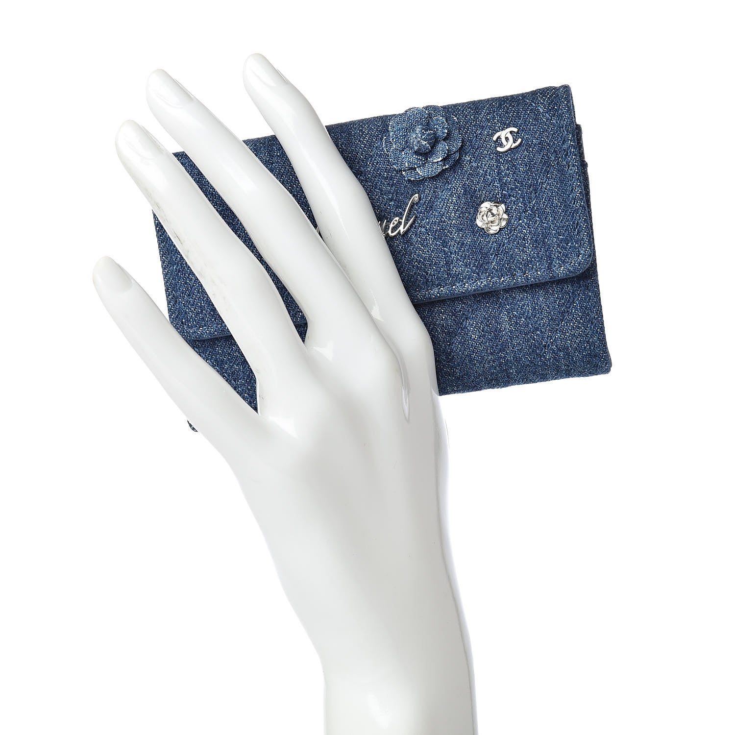 Chanel Denim Camelia Charms Card Holder Blue 2 of 8