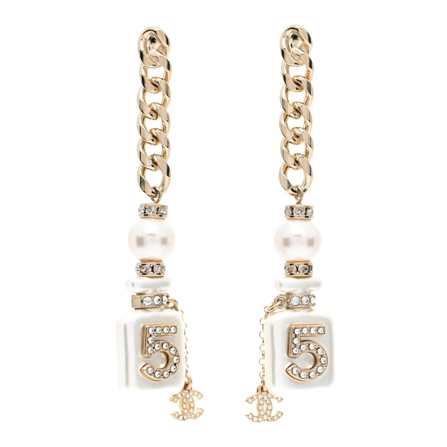 Pearl Resin Crystal CC No 5 Perfume Bottle Chain Drop Earrings Gold Pearly White
