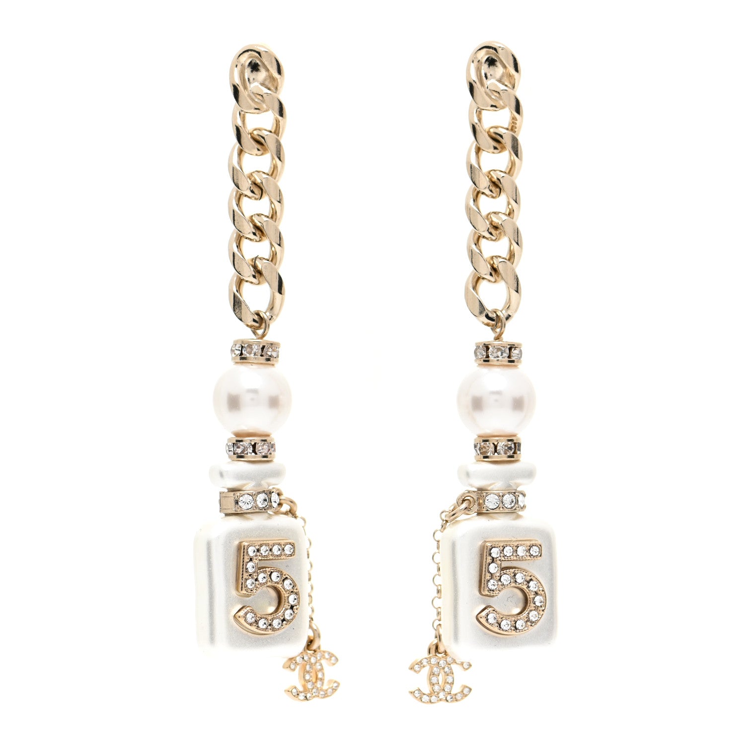 Chanel Pearl Resin Crystal CC No 5 Perfume Bottle Chain Drop Earrings Gold Pearly White 1 of 5