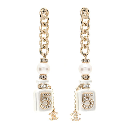 Chanel Pearl Resin Crystal CC No 5 Perfume Bottle Chain Drop Earrings Gold Pearly White 1 of 5
