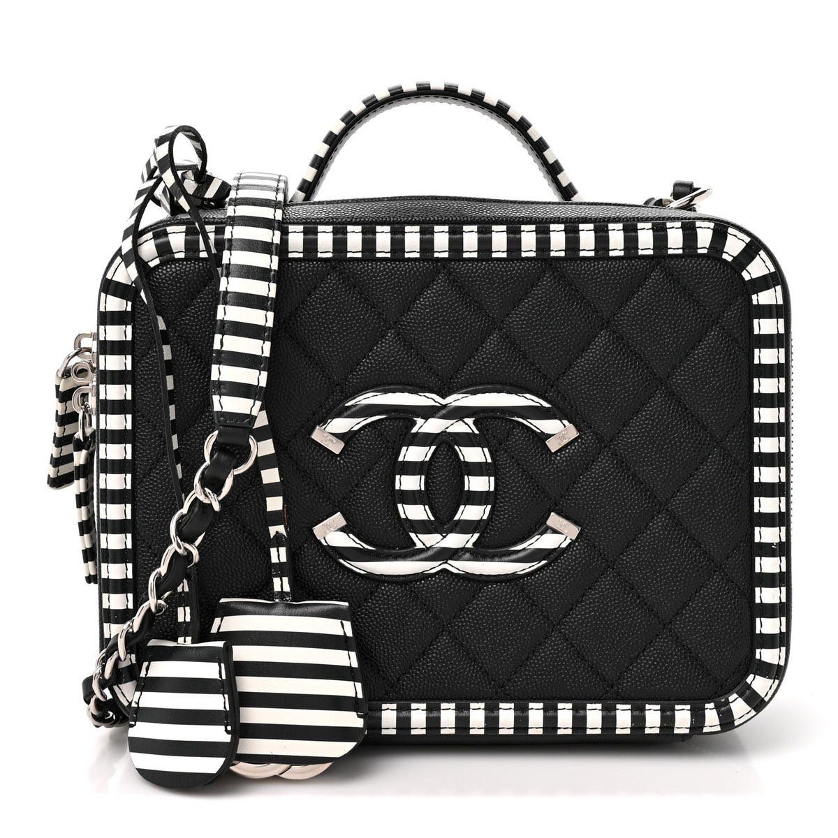 Chanel Caviar Quilted Striped Medium CC Filigree Vanity Case Black White 1 of 10