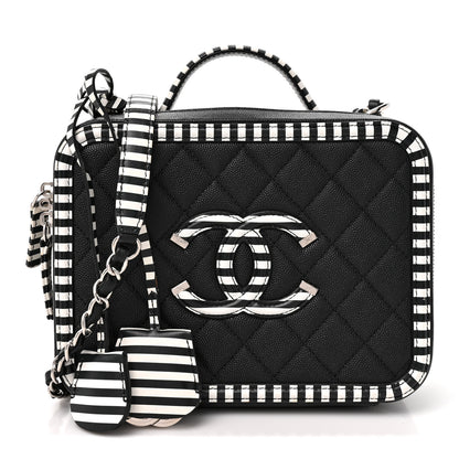 Chanel Caviar Quilted Striped Medium CC Filigree Vanity Case Black White 1 of 10