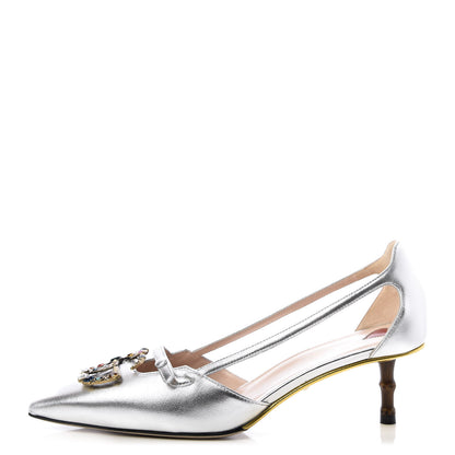 Gucci Metallic Nappa Bamboo Crystal Double G Low Heel Pumps 38 Argento 1 of 10