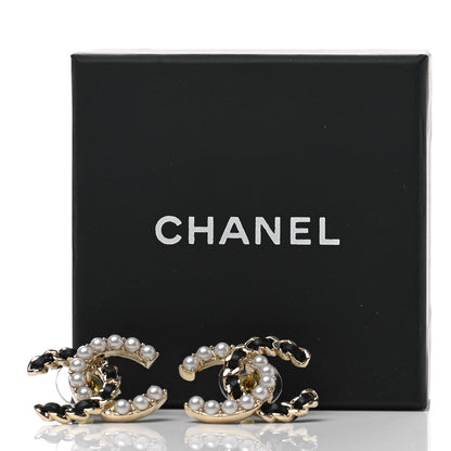 Chanel Pearl Lambskin Chain CC Stud Earrings Gold Black 5 of 5