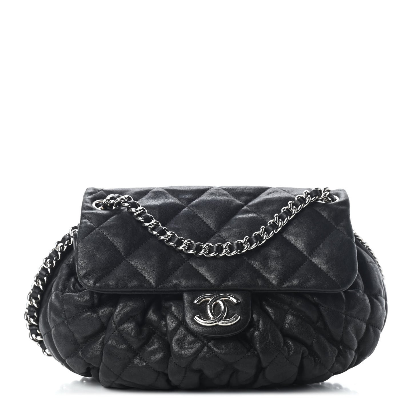 Washed Lambskin Quilted Medium Chain Around Messenger Black