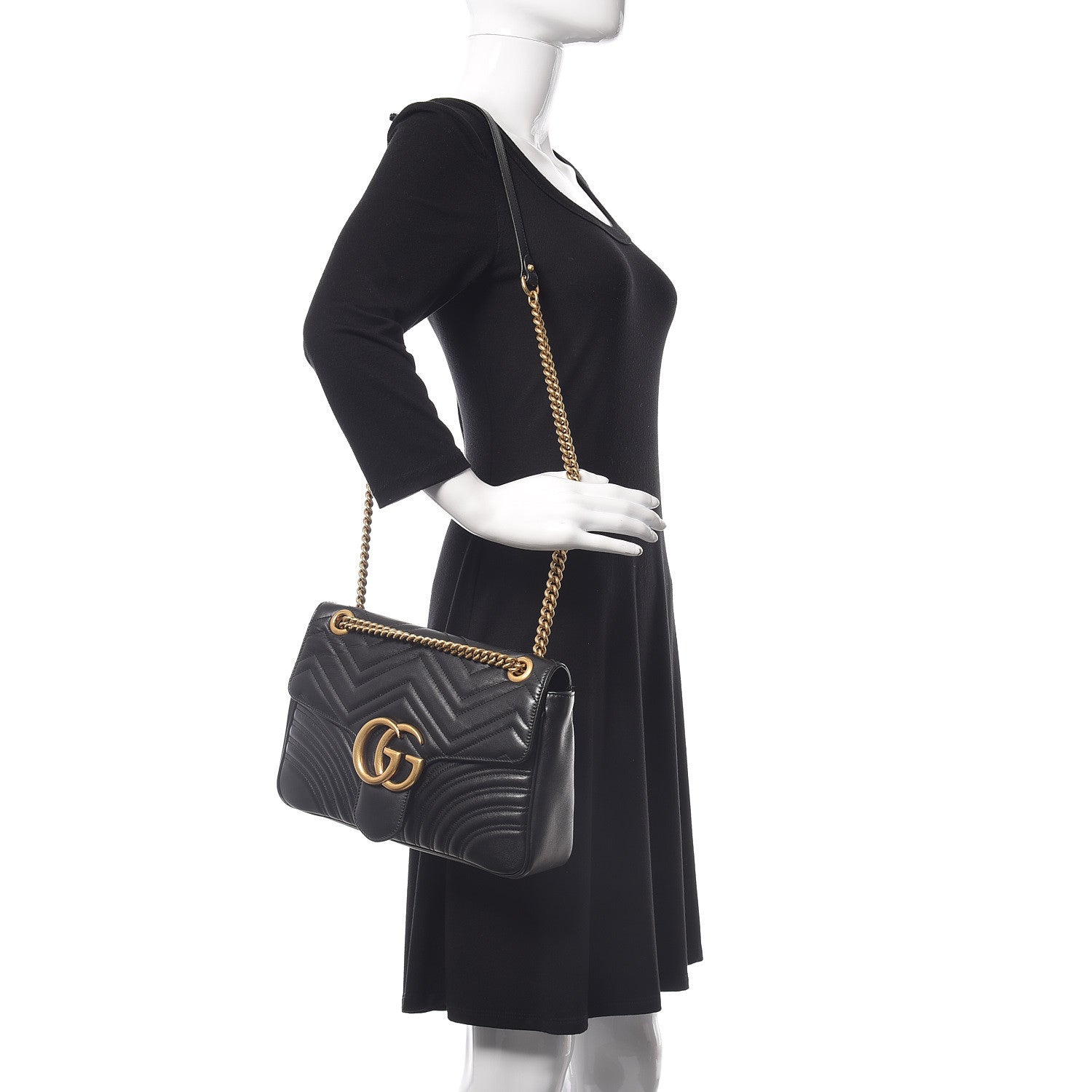 Gucci Calfskin Matelasse Medium GG Marmont Shoulder Bag Black 2 of 12