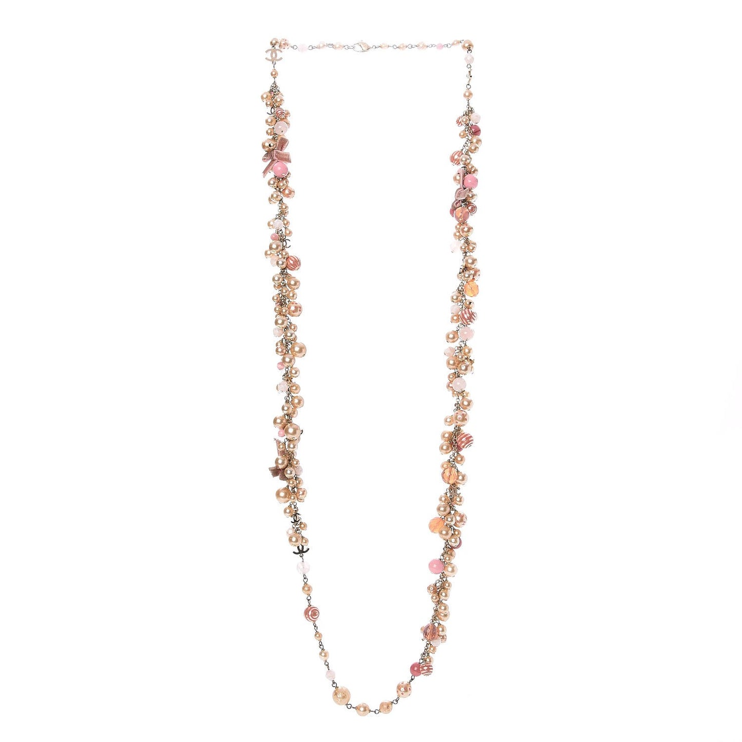 Pearl CC Beaded Velvet Bow Long Necklace Pink Ivory