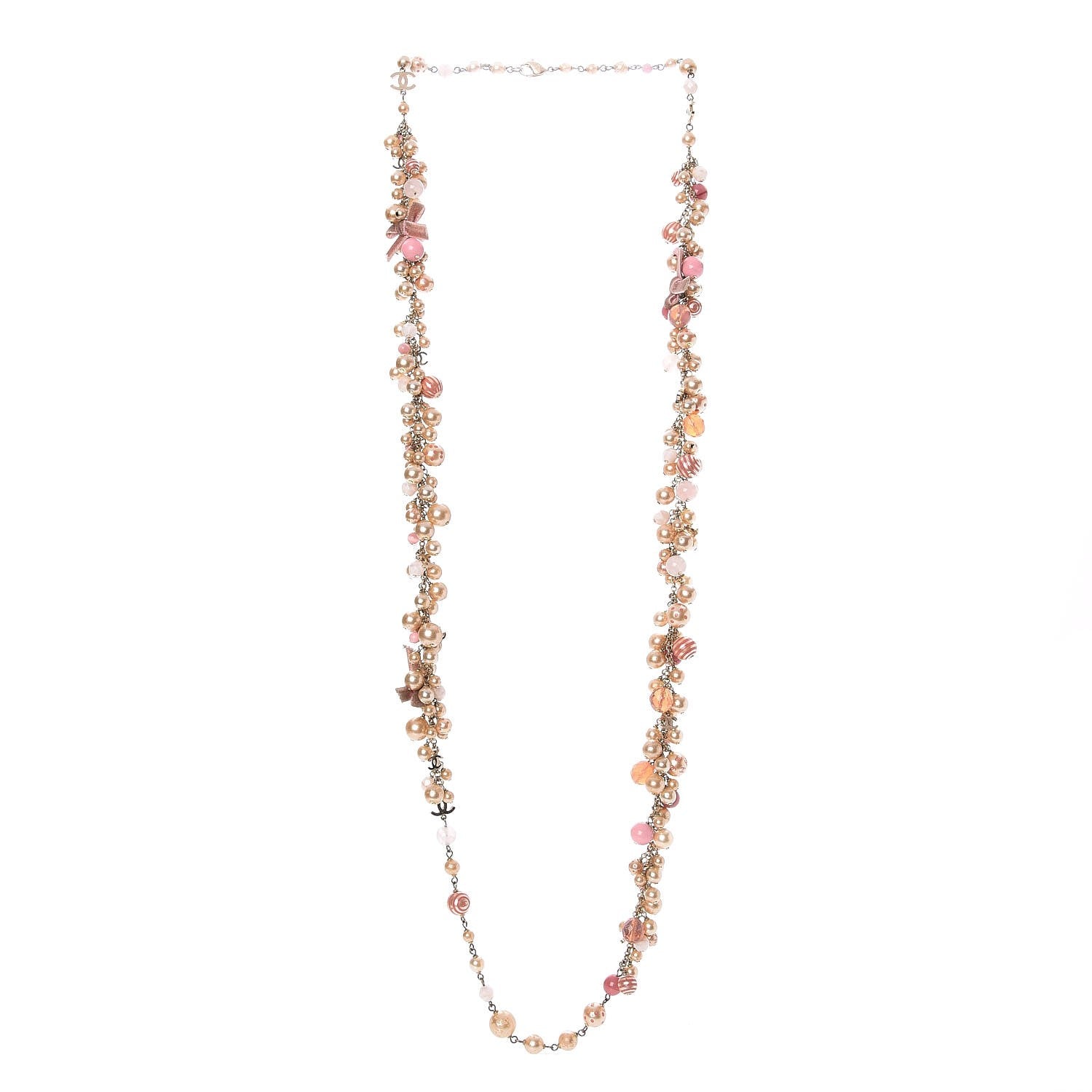 Chanel Pearl CC Beaded Velvet Bow Long Necklace Pink Ivory 3 of 6