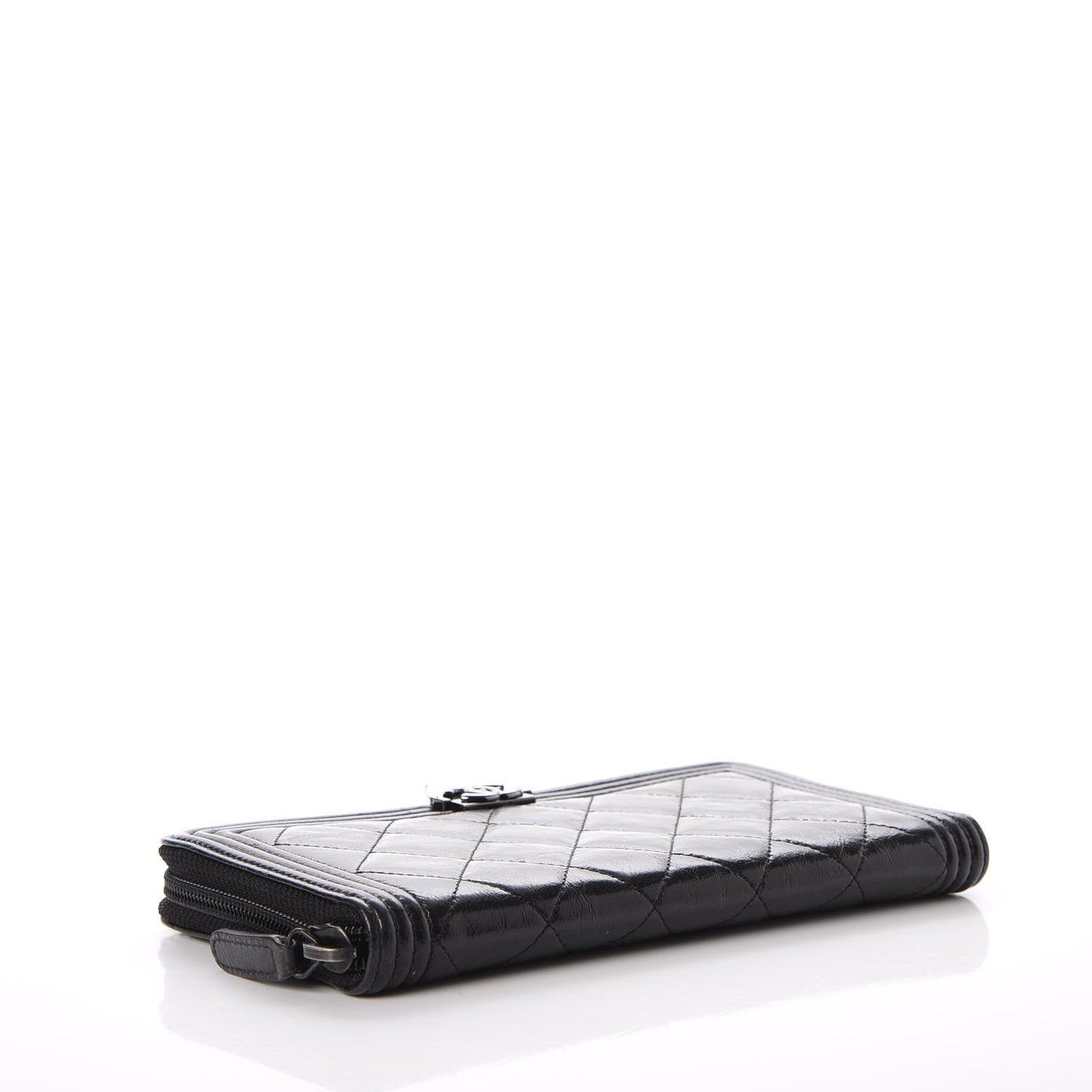 Distressed Patent Quilted Boy Zip Around Wallet Black
