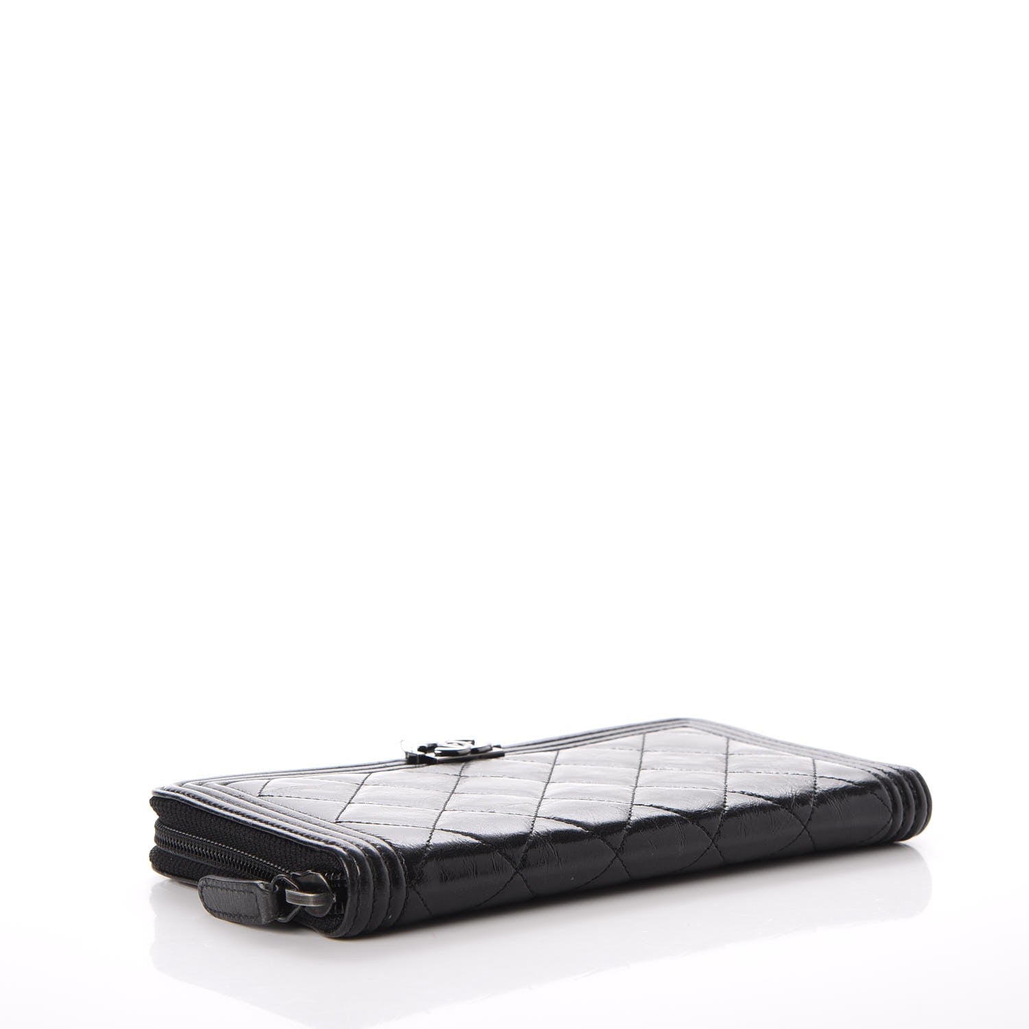 Chanel Distressed Patent Quilted Boy Zip Around Wallet Black 4 of 10