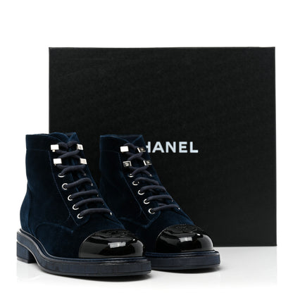Chanel Velvet Patent Cap Toe CC Lace Up Combat Boots 37 Blue Black 10 of 10