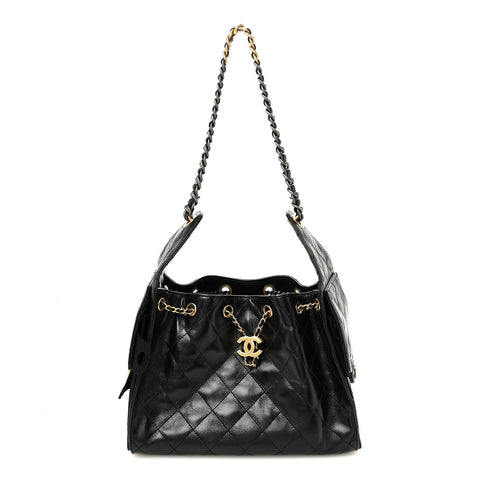 Shiny Crumpled Calfskin Quilted Small Chanel 25 Handbag Black