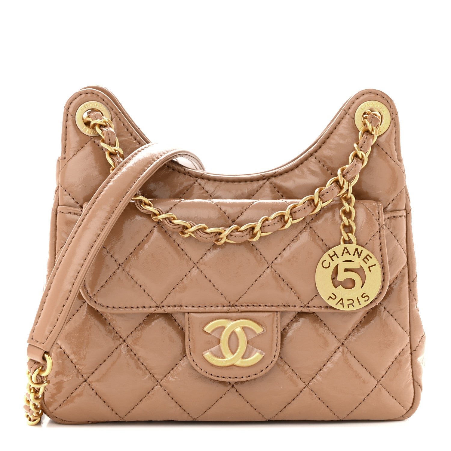 Chanel Shiny Crumpled Calfskin Quilted Small Wavy CC Hobo Dark