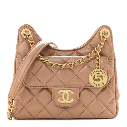 Chanel Shiny Crumpled Calfskin Quilted Small Wavy CC Hobo Dark Beige 1 of 12