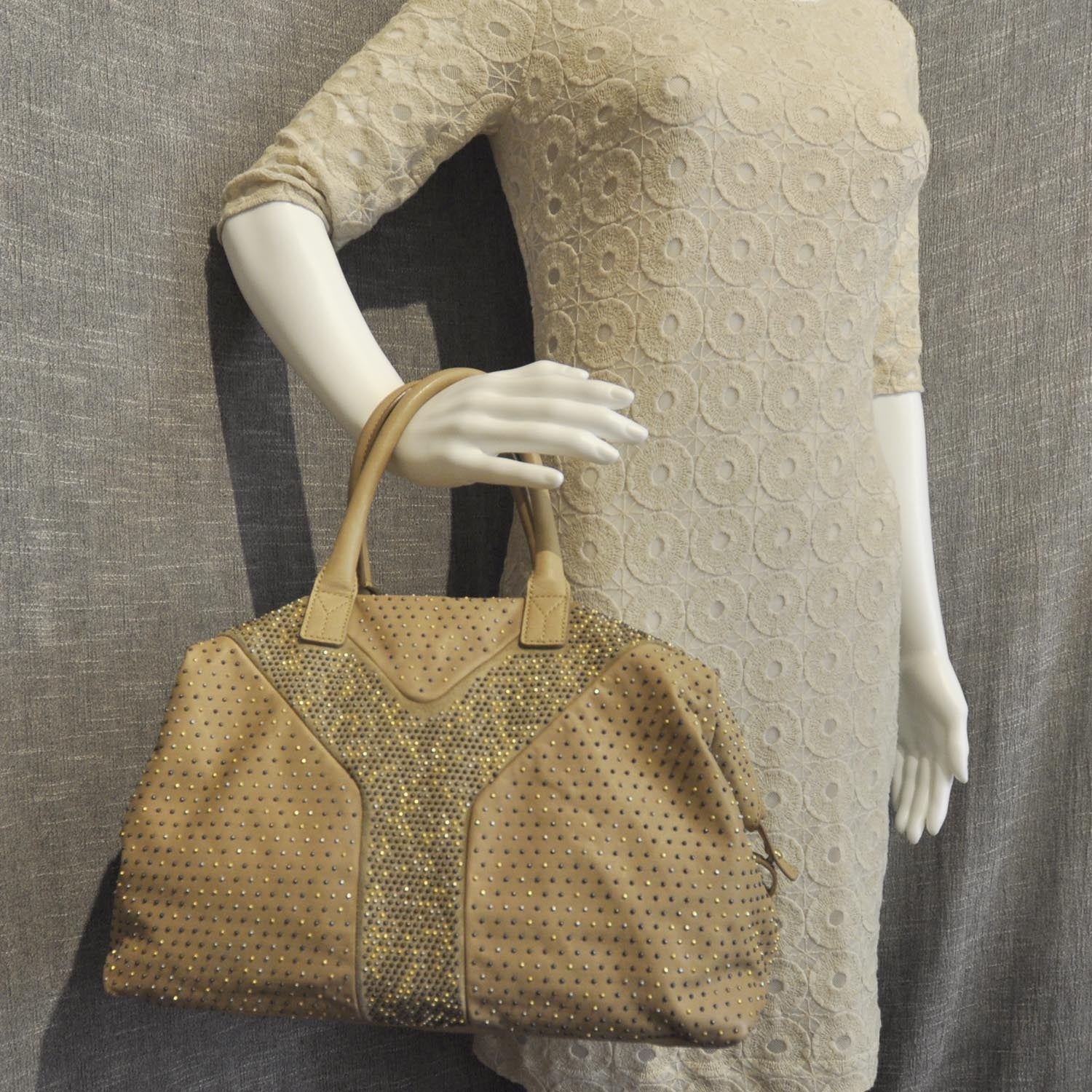 Saint Laurent Leather Studded Easy Rock Satchel Wheat 2 of 9
