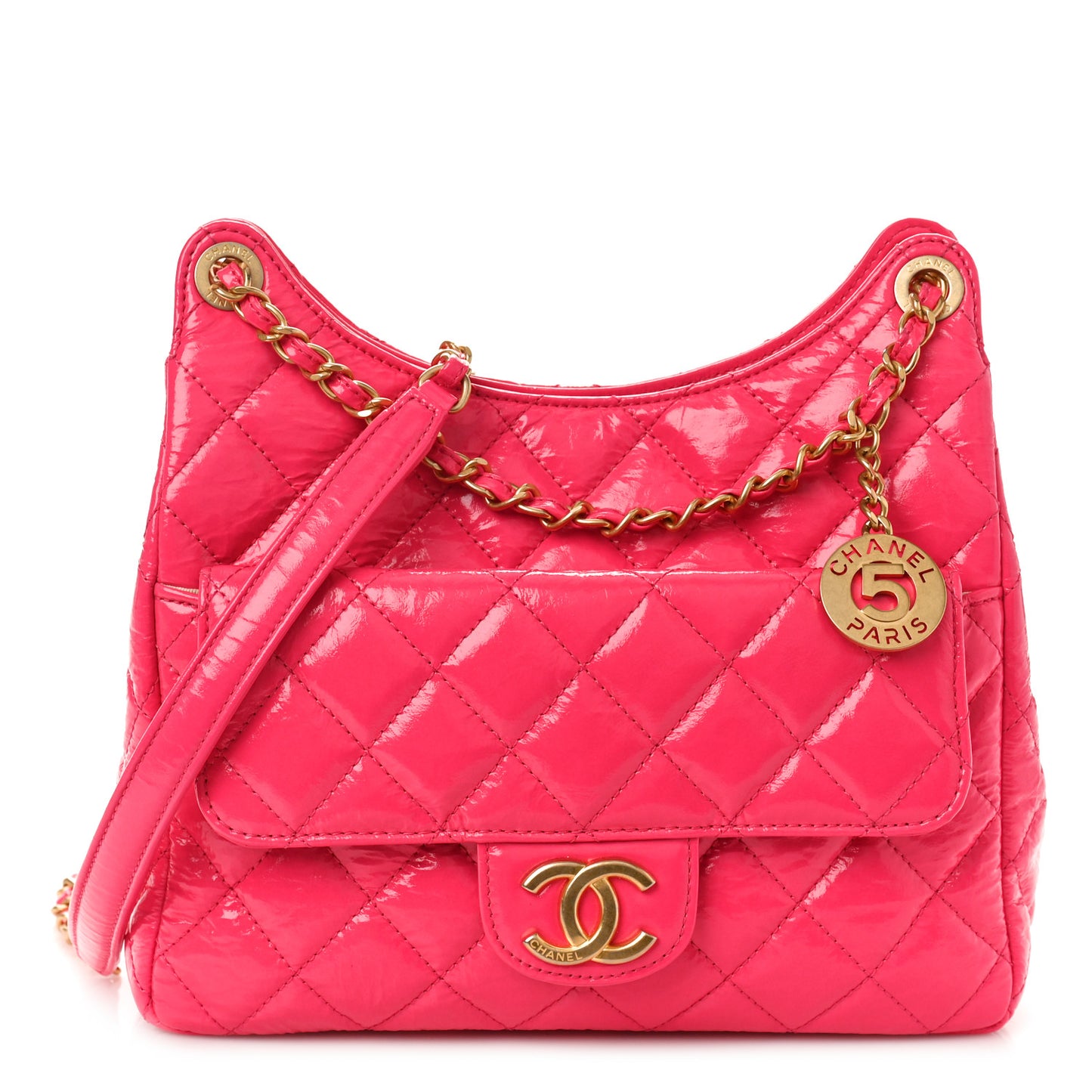 Shiny Crumpled Calfskin Quilted Wavy CC Hobo Fuchsia