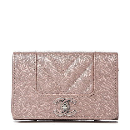 Chanel Metallic Caviar Chevron Quilted Vintage Mademoiselle Flap Card Holder Pink 1 of 9