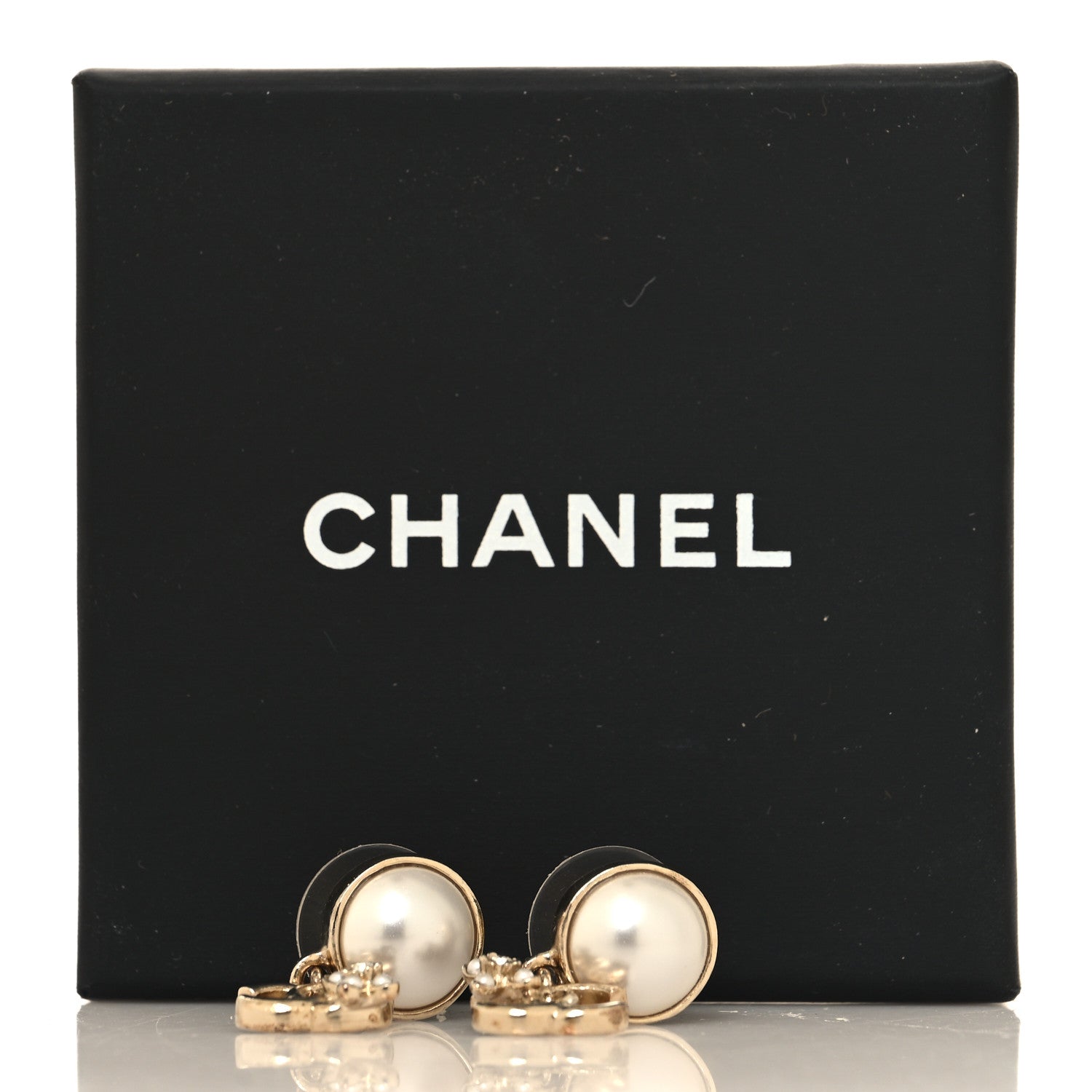 Chanel Pearl Crystal CC Flower Drop Earrings Gold Pearly White 5 of 5