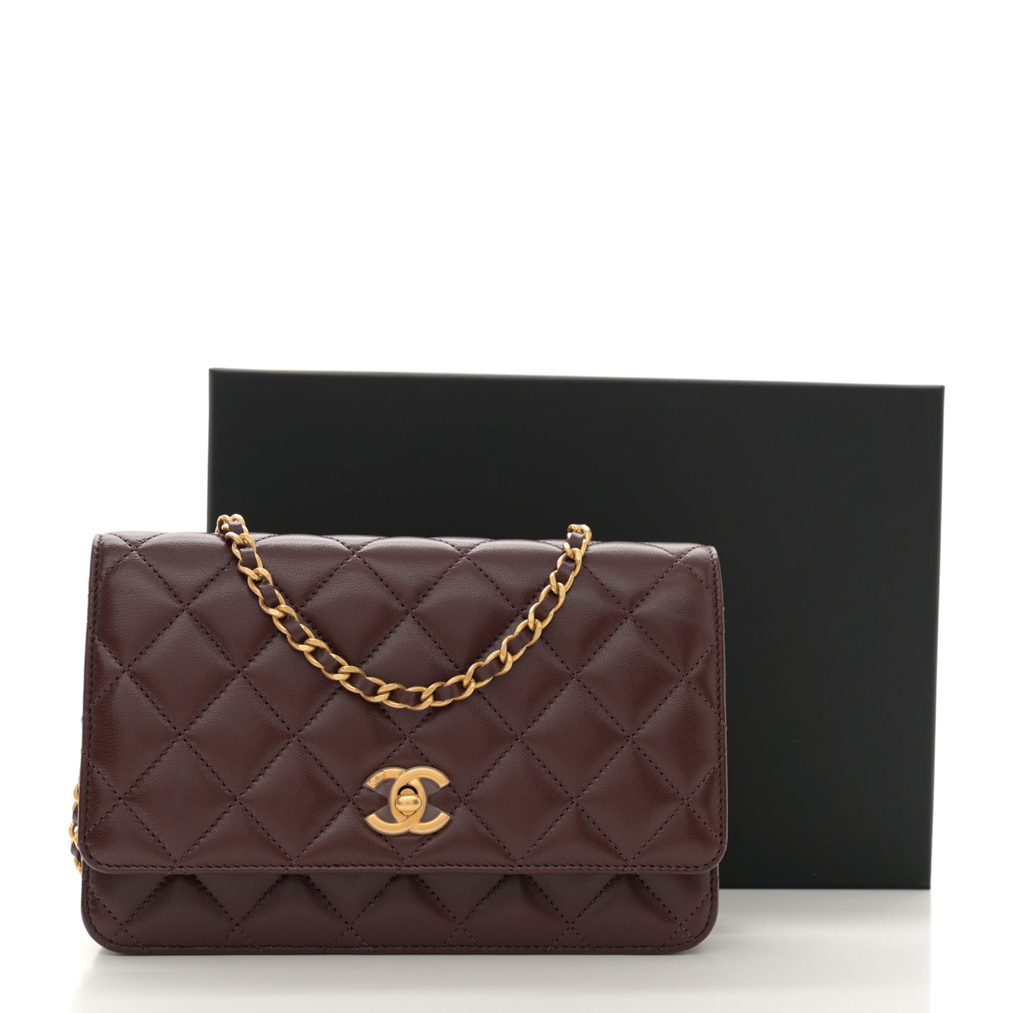Lambskin Quilted CC Pearl Crush Wallet on Chain WOC Dark Brown