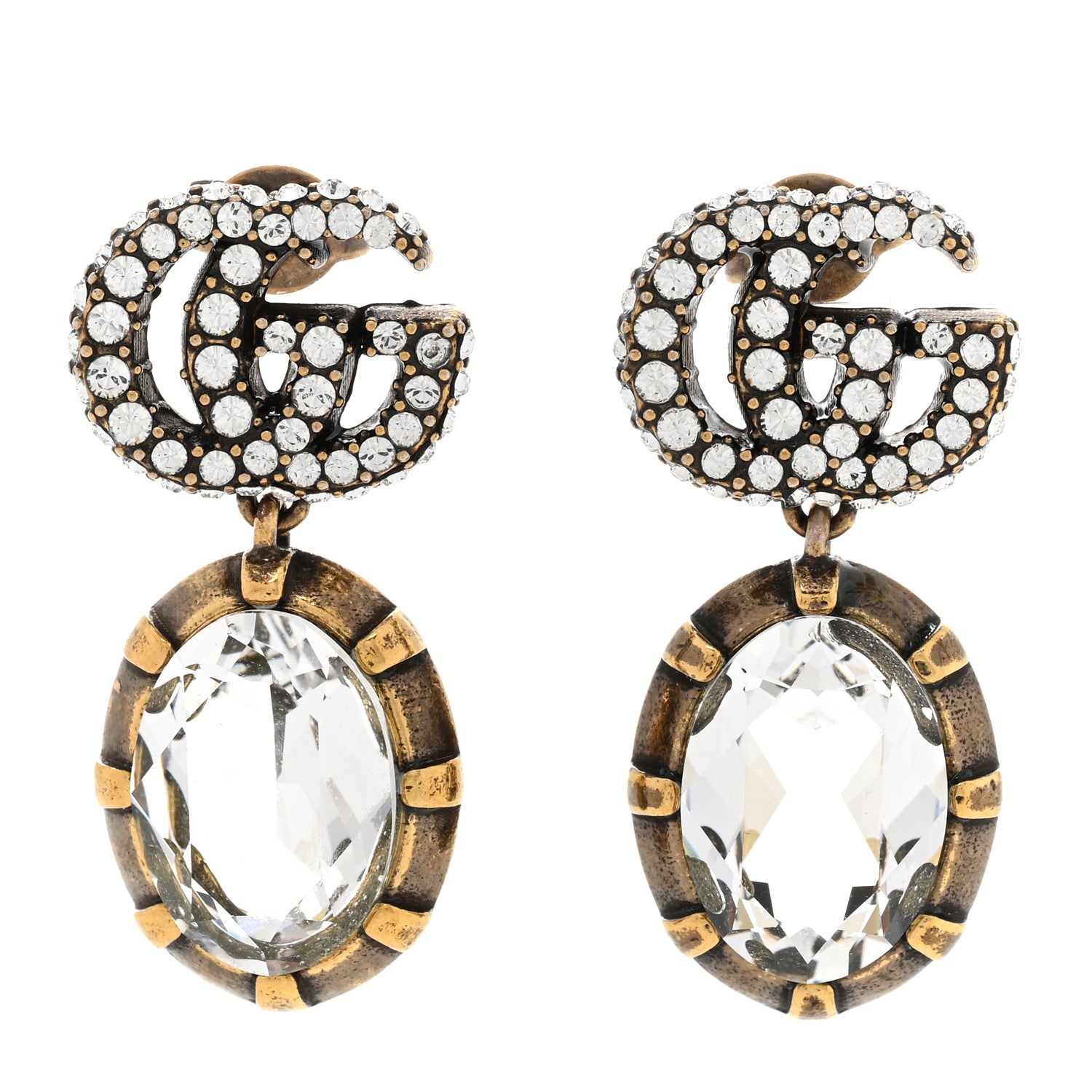 Gucci Metal Crystal Double G Drop Earrings Aged Gold 1 of 4