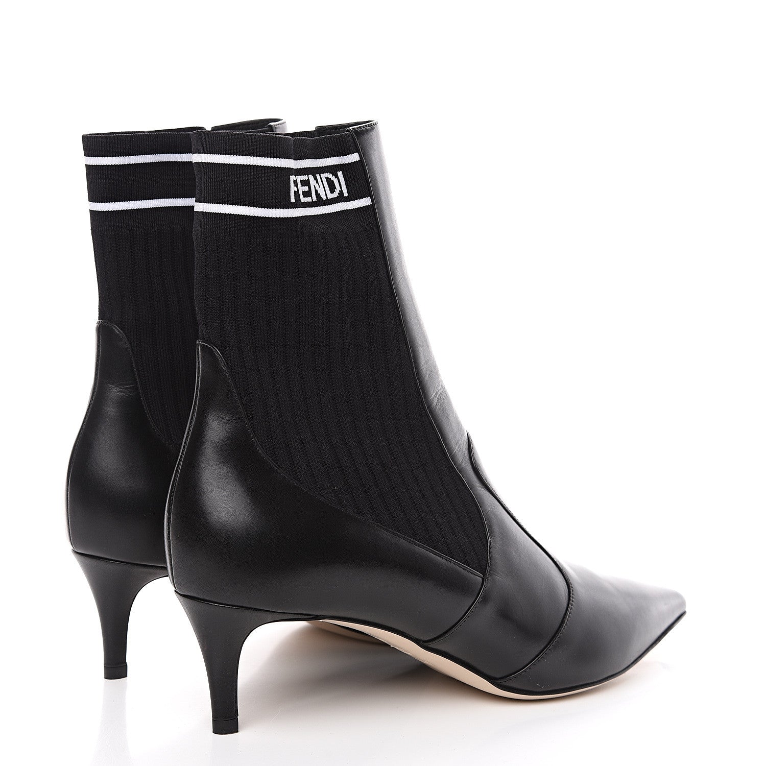 Fendi Vitellino Stretch Fabric Logo Rockoko Low Heel Sock Boots 40.5 Black White 4 of 8