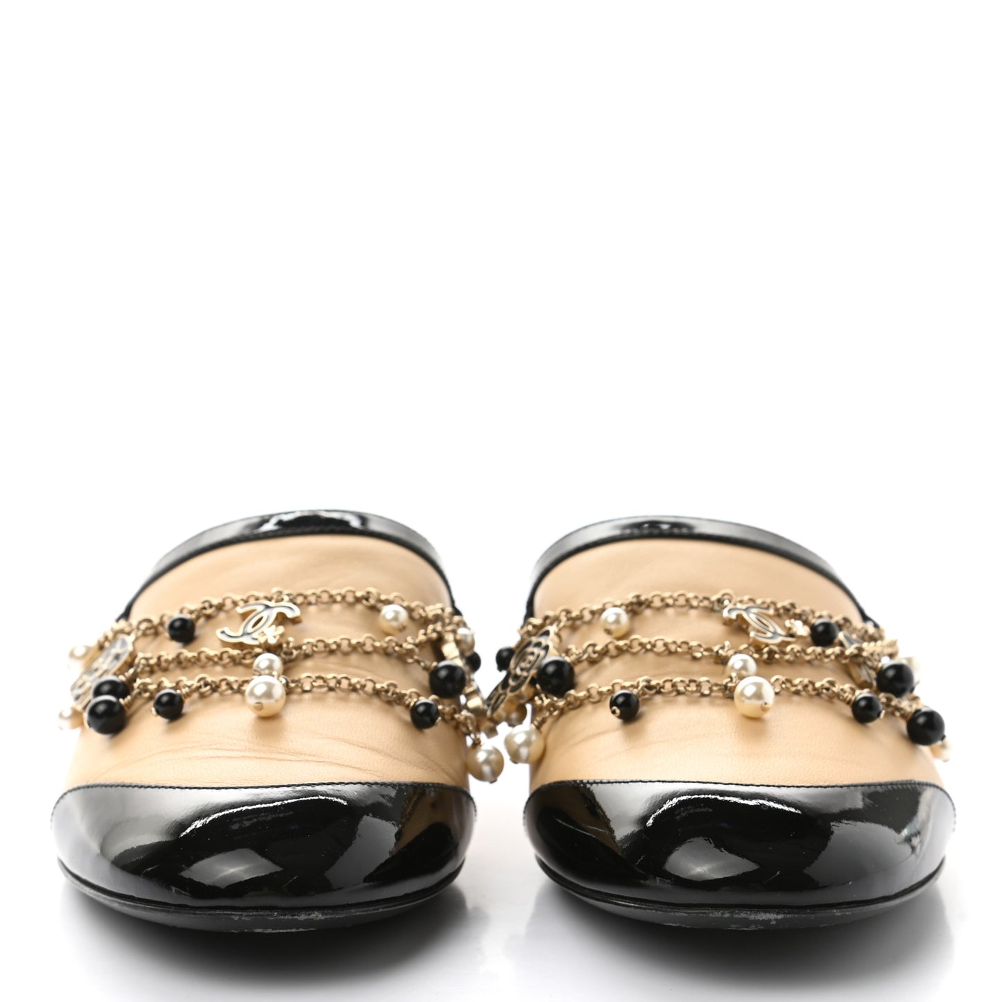 Lambskin Patent Pearl Chain Charm CC Mules 38 Beige Black
