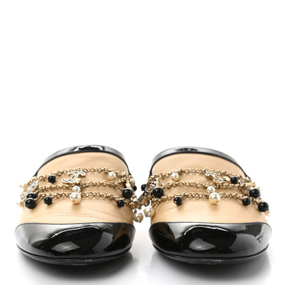 Chanel Lambskin Patent Pearl Chain Charm CC Mules 38 Beige Black 2 of 9