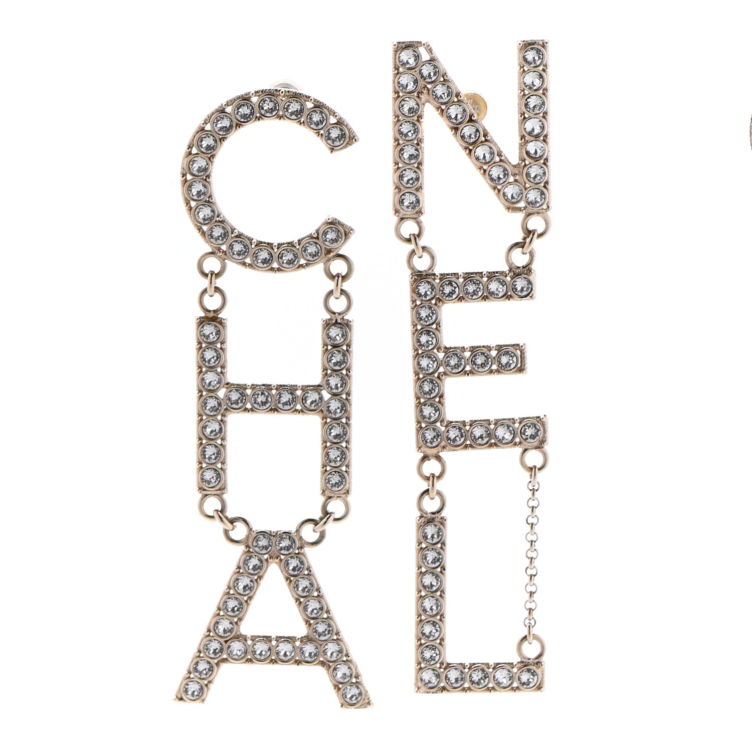 Chanel Crystal Cha-Nel Logo Drop Earrings Gold 1 of 6
