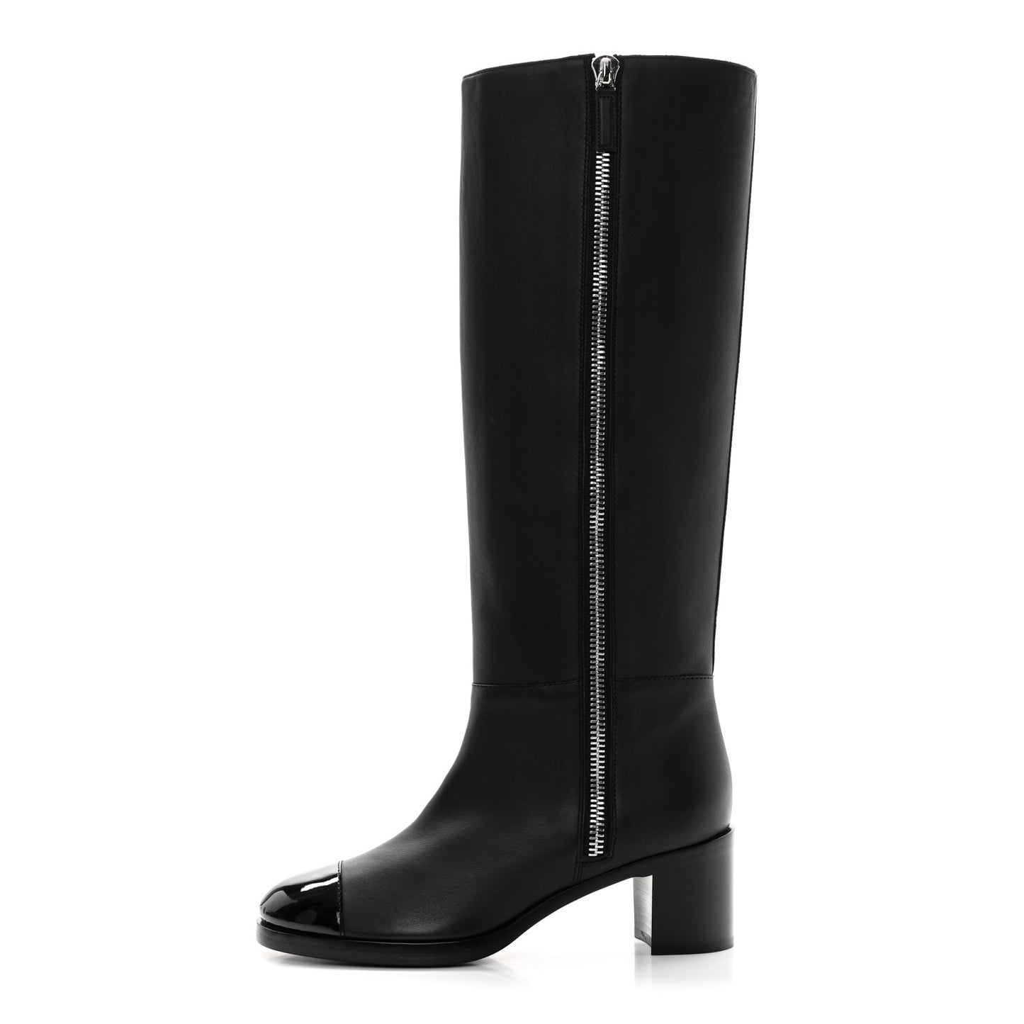 Calfskin Patent Cap Toe Quilted Logo Knee High Boots 38.5 Black