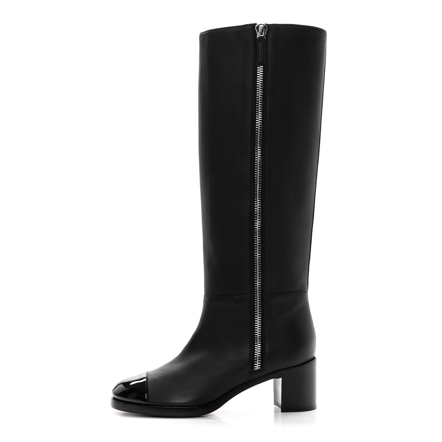 Chanel Calfskin Patent Cap Toe Quilted Logo Knee High Boots 38.5 Black 1 of 9