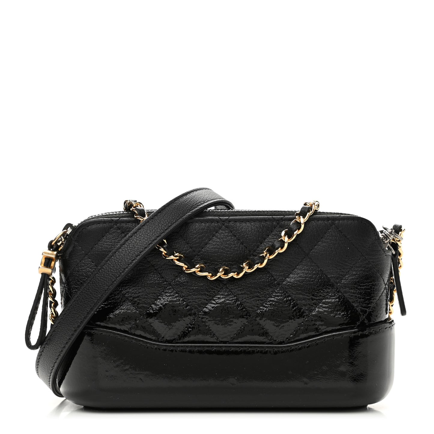 Patent Goatskin Quilted Small Gabrielle Clutch With Chain Black