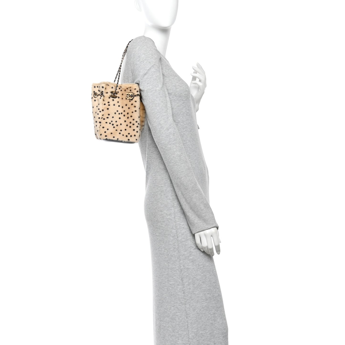 Pony Hair Cheetah Printed CC Chain Bucket Bag Light Beige Black