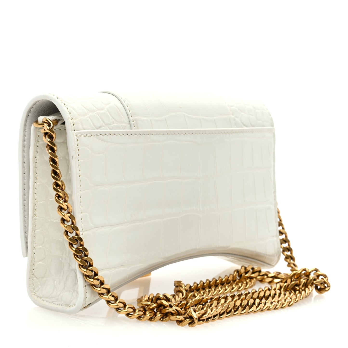 Shiny Calfskin Crocodile Embossed Hourglass Chain Bag White