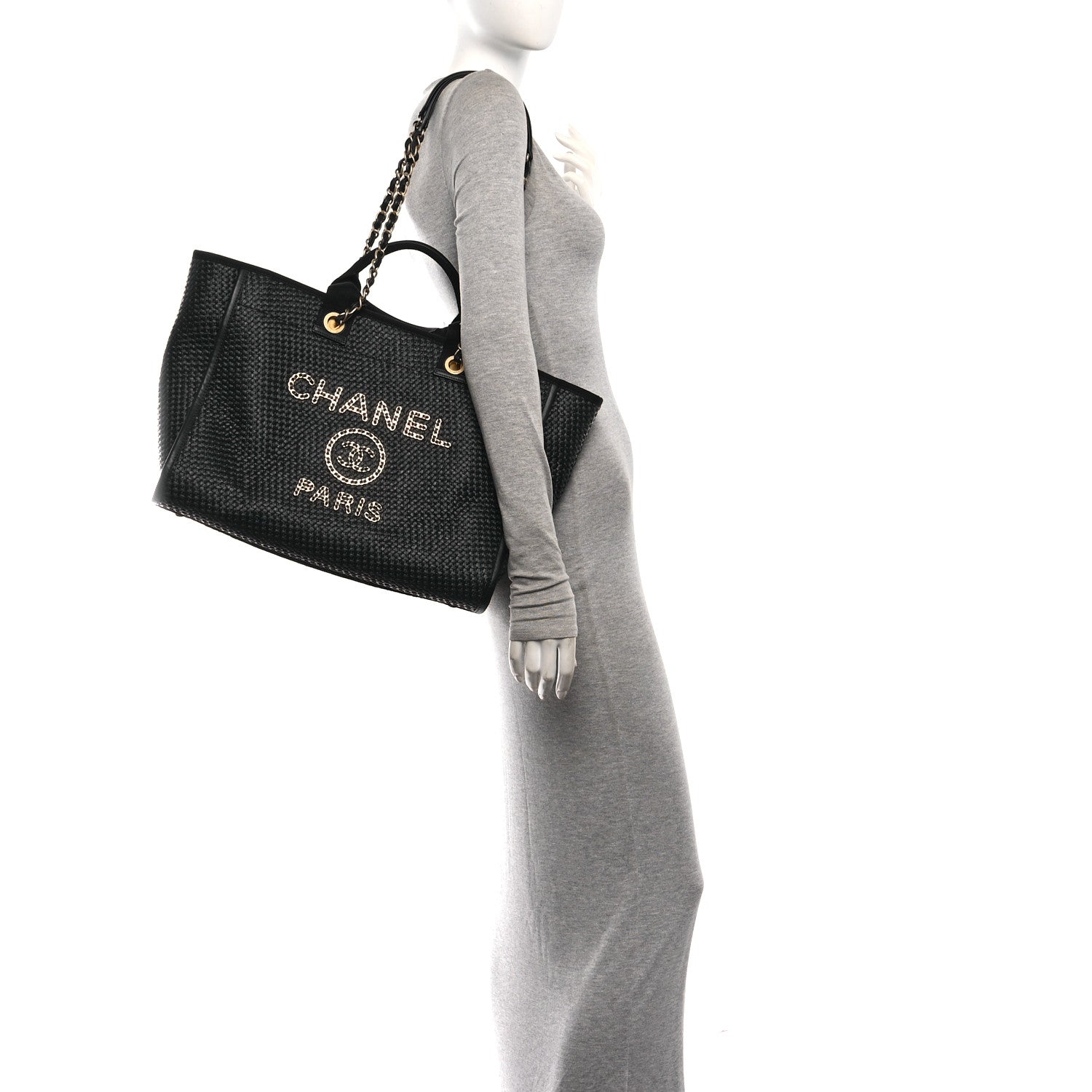 Chanel Straw Raffia Calfskin Chain Medium Deauville Tote Black 2 of 10