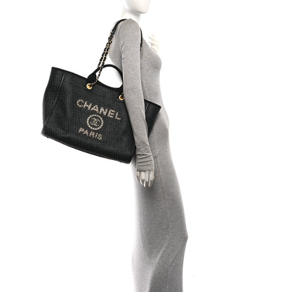 Chanel Straw Raffia Calfskin Chain Medium Deauville Tote Black 2 of 10