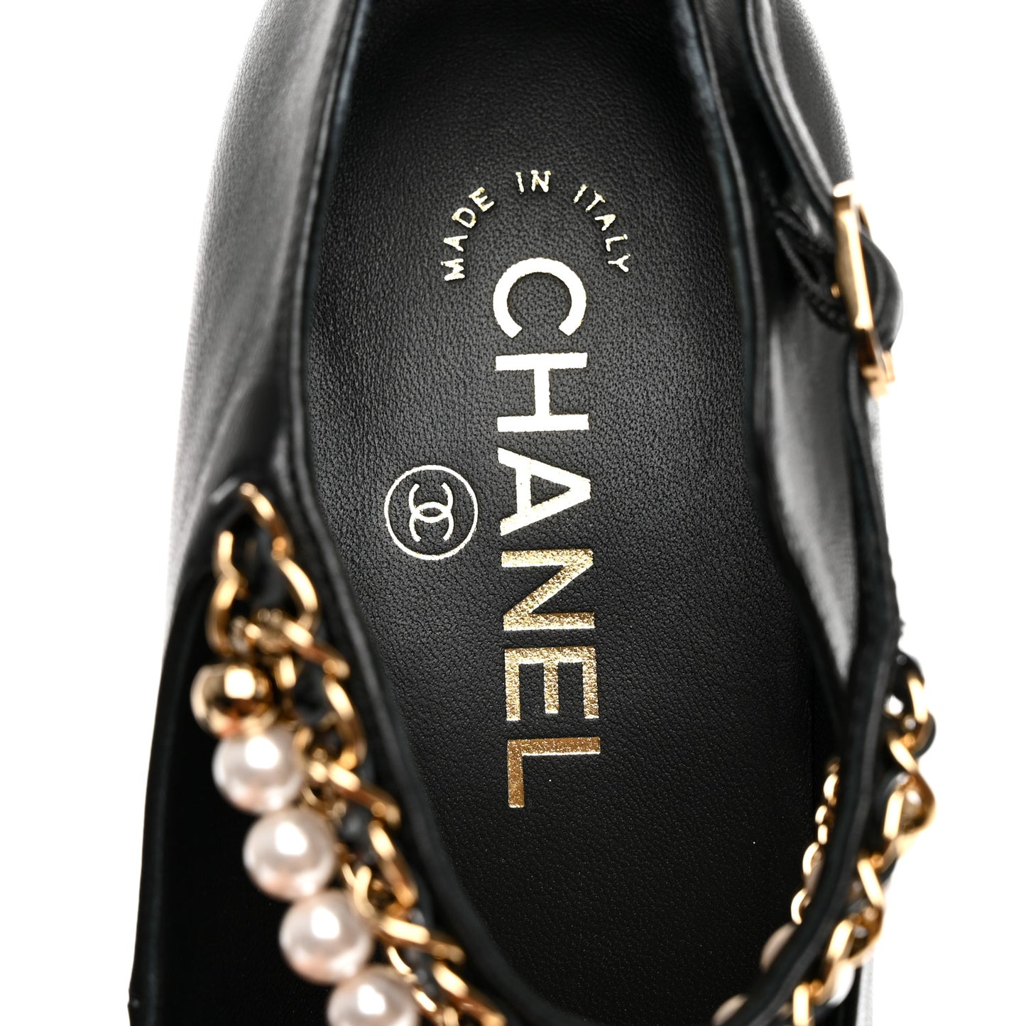Shiny Lambskin Patent Calfskin Cap Toe Ankle Pearl Chain Pumps 39.5 Black