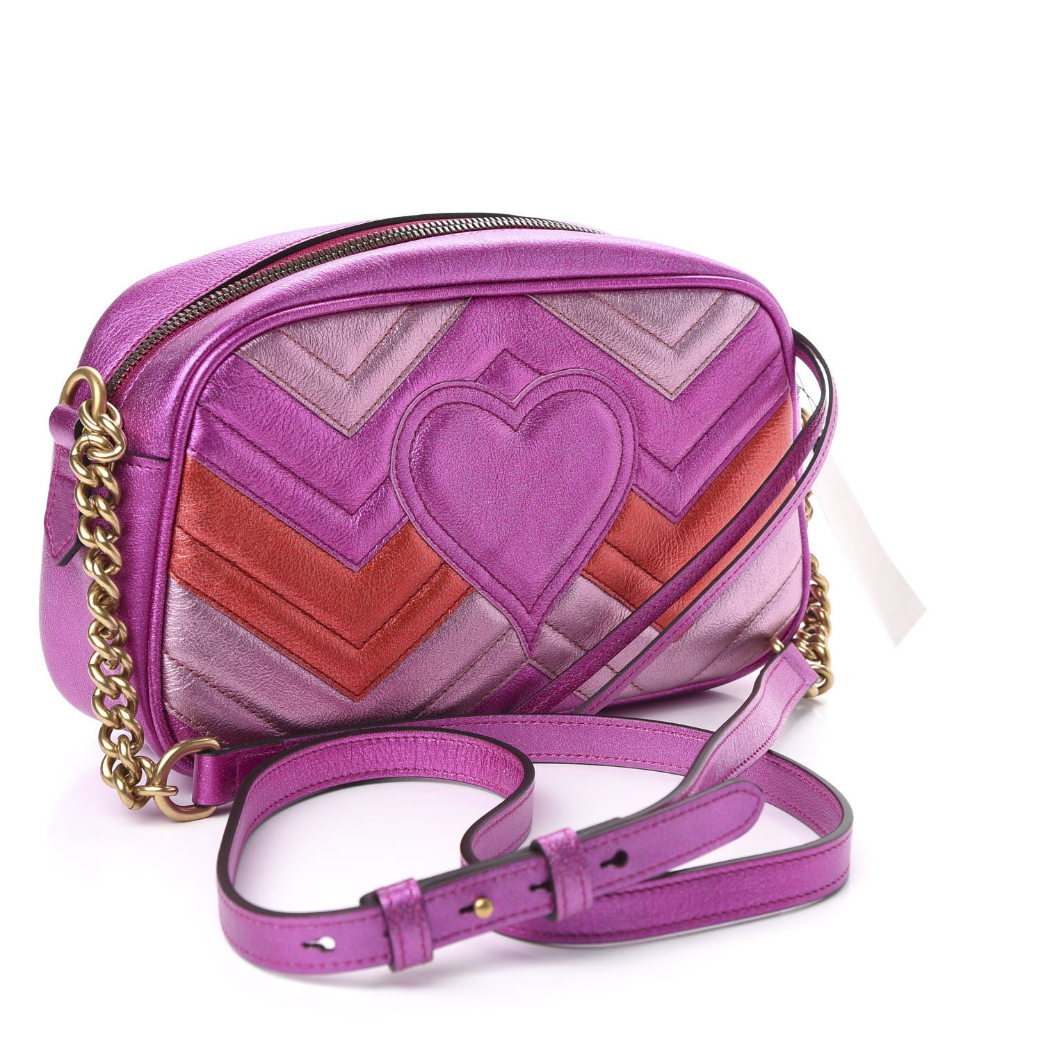 Gucci Laminated Nappa Matelasse Small GG Marmont Chain Shoulder Bag Fuxia Rosso Rosa 3 of 10