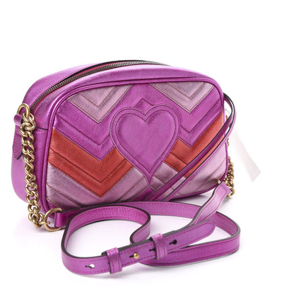Gucci Laminated Nappa Matelasse Small GG Marmont Chain Shoulder Bag Fuxia Rosso Rosa 3 of 10