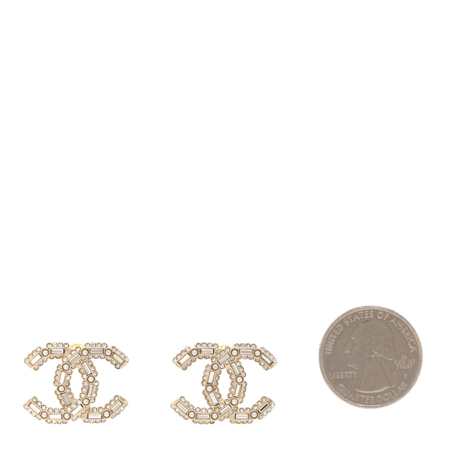 Crystal Baguette Pearl CC Earrings Gold Pearly White